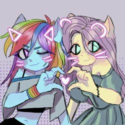 Size: 1280x1280 | Tagged: safe, artist:xansukoo, fluttershy, rainbow dash, human, equestria girls, g4, cat ears, duo, female, heart, heart hands, lesbian, ship:flutterdash, shipping, whiskers