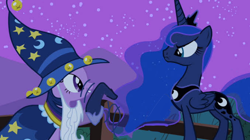 Size: 650x365 | Tagged: safe, edit, edited screencap, screencap, princess luna, twilight sparkle, alicorn, pony, unicorn, g4, luna eclipsed, season 2, beard, bell, cape, clothes, concave belly, cosplay, costume, crown, duo, facial hair, female, frown, hat, hoof shoes, jewelry, luna is not amused, mare, necklace, night, nightmare night costume, physique difference, regalia, shoes, shooing, silly, slender, star swirl the bearded costume, stars, thin, twilight the bearded, unamused, waving hoof