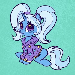 Size: 2048x2048 | Tagged: safe, artist:sophillia, trixie, pony, unicorn, g4, abstract background, alternate hairstyle, babysitter trixie, clothes, cute, diatrixes, female, heart, heart eyes, high res, hoodie, horn, looking at you, mare, pigtails, sitting, smiling, smiling at you, solo, twintails, wingding eyes