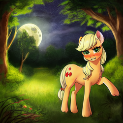 Size: 1024x1024 | Tagged: safe, ai assisted, ai content, editor:lord waite, generator:stable diffusion, applejack, earth pony, pony, g4, blushing, ears, female, forest, full moon, hatless, mare, missing accessory, moon, night, one leg raised, smiling, solo, tail, tree