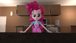 Size: 1920x1080 | Tagged: safe, artist:cjv2004, pinkie pie, human, equestria girls, g4, 3d, 3d model, bedroom eyes, bracelet, clothes, cute, jewelry, kitchen, leaning forward, looking at you, shirt, skirt, smiling, solo, source filmmaker, teenager, vest