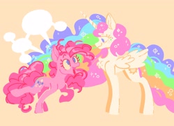 Size: 4096x2979 | Tagged: safe, artist:pastacrylic, pinkie pie, princess celestia, alicorn, earth pony, pony, g4, alternate hair color, beige background, chest fluff, duo, duo female, ethereal hair, ethereal mane, ethereal tail, female, folded wings, simple background, speech bubble, standing, tail, talking, wings, yellow background