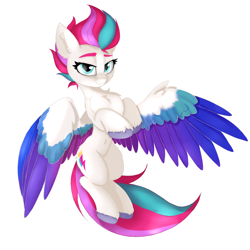 Size: 3000x3000 | Tagged: safe, artist:anti1mozg, artist:jbond, color edit, edit, zipp storm, pegasus, pony, g5, adorazipp, belly, belly button, chest fluff, colored, colored wings, cute, eyebrows, female, fluffy, high res, lidded eyes, looking at you, mare, multicolored wings, raised hooves, simple background, slender, smiling, smiling at you, solo, spread wings, thin, unshorn fetlocks, white background, wings