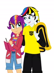 Size: 1934x2619 | Tagged: safe, artist:robertsonskywa1, sunny starscout, human, equestria girls, g4, g5, autobot, book, duo, equestria girls-ified, female, g5 to equestria girls, g5 to g4, generation leap, male, mane stripe sunny, multicolored hair, pen, simple background, sunny and sunstreaker, sunstreaker, transformers, white background