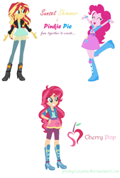 Size: 842x1246 | Tagged: safe, artist:prettycelestia, pinkie pie, sunset shimmer, oc, oc:cherry pop, human, equestria girls, g4, ahoge, belt buckle, blue eyes, boots, bracelet, clothes, curly hair, fusion, fusion:pinkie pie, fusion:sunset shimmer, fusion:sunsetpie, high heel boots, jacket, jewelry, shoes, simple background, striped mane, white background