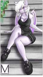 Size: 2160x3840 | Tagged: safe, artist:maximus, oc, oc:willow aurora, bat pony, anthro, breasts, cleavage, clothes, dress, female, high res, shoes, solo, stairs