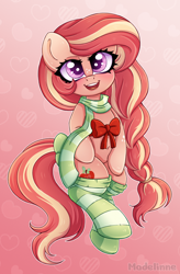 Size: 2000x3058 | Tagged: safe, artist:madelinne, oc, oc only, oc:tixe, bow, clothes, high res, looking at you, scarf, smiling, smiling at you, socks, solo, striped scarf, striped socks
