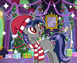 Size: 3488x2880 | Tagged: safe, artist:sarahsuresh-art, oc, oc only, oc:dreaming star, bat pony, bat pony unicorn, hybrid, pony, unicorn, bat pony oc, christmas, christmas tree, clothes, commission, fangs, femboy, festive, happy, hat, hearts warming day, high res, holiday, horn, male, no eyelashes, pale belly, present, red eyes, santa hat, scarf, solo, stallion, striped scarf, tree, twilight's castle, unicorn oc, ych result