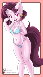 Size: 2160x3840 | Tagged: safe, artist:maximus, oc, oc:amare minuet, unicorn, anthro, bikini, clothes, female, hand behind back, high res, jewelry, solo, swimsuit
