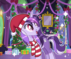 Size: 3488x2880 | Tagged: safe, artist:sarahsuresh-art, oc, oc only, oc:dreaming bell, pony, unicorn, christmas, christmas tree, clothes, commission, female, festive, happy, hat, hearts warming day, high res, holiday, horn, mare, present, santa hat, scarf, solo, striped scarf, tree, twilight's castle, unicorn oc, ych result