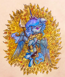 Size: 2636x3130 | Tagged: safe, artist:itssim, princess luna, alicorn, pony, g4, armor, golden armor, high res, leaves, solo, spear, traditional art, weapon, wings