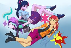 Size: 2816x1920 | Tagged: safe, artist:deltalima, part of a set, sci-twi, starlight glimmer, sunset shimmer, twilight sparkle, human, equestria girls, g4, beanie, boots, clothes, commission, female, glasses, gradient background, hat, looking at you, pants, shoes, skirt, socks, trio, trio female
