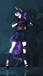 Size: 1500x2667 | Tagged: safe, artist:madhotaru, rarity, unicorn, anthro, unguligrade anthro, g4, ak-47, assault rifle, gun, rifle, solo, weapon