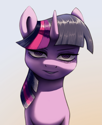 Size: 1005x1239 | Tagged: safe, artist:suhar, twilight sparkle, pony, unicorn, g4, bedroom eyes, female, gradient background, horn, looking at you, mare, solo, unicorn twilight, yandere