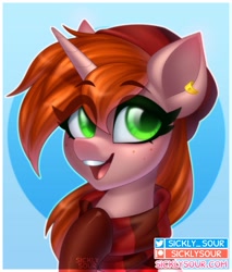 Size: 853x1000 | Tagged: safe, artist:sickly-sour, oc, oc only, oc:debra rose, pony, unicorn, clothes, ear piercing, earring, eye clipping through hair, eyebrows, eyebrows visible through hair, freckles, jewelry, open mouth, open smile, piercing, scarf, smiling, solo