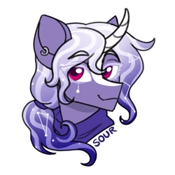 Size: 1000x1000 | Tagged: safe, artist:sickly-sour, oc, oc only, pony, unicorn, constellation, curved horn, ear piercing, earring, eyebrows, eyebrows visible through hair, horn, jewelry, looking at you, piercing, simple background, smiling, solo, white background