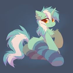 Size: 2000x2000 | Tagged: safe, artist:mirtash, lyra heartstrings, pony, unicorn, g4, blue background, butt, chest fluff, clothes, cute, ear fluff, female, high res, looking at you, lyrabetes, lyrebutt, mare, plot, raised hoof, simple background, smiling, smiling at you, socks, solo, striped socks