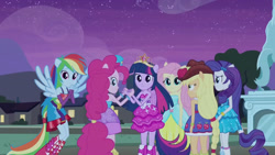 Size: 3072x1727 | Tagged: safe, screencap, applejack, fluttershy, pinkie pie, rainbow dash, rarity, twilight sparkle, human, equestria girls, g4, my little pony equestria girls, bare shoulders, belt, big crown thingy, boots, clothes, cowboy boots, cowboy hat, cutie mark on clothes, dress, element of magic, fall formal outfits, female, fingerless gloves, flying, frown, gloves, hairpin, hat, humane five, humane six, jewelry, night, ponied up, regalia, shoes, sleeveless, spread wings, statue, strapless, twilight ball dress, wings