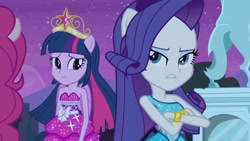 Size: 3072x1727 | Tagged: safe, screencap, pinkie pie, rarity, twilight sparkle, human, equestria girls, g4, my little pony equestria girls, bare shoulders, big crown thingy, crossed arms, duo focus, element of magic, fall formal outfits, female, jewelry, night, offscreen character, ponied up, regalia, sleeveless, slender, smiling, statue, strapless, thin, twilight ball dress