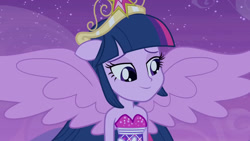 Size: 3072x1727 | Tagged: safe, screencap, twilight sparkle, human, equestria girls, g4, my little pony equestria girls, bare shoulders, big crown thingy, element of magic, fall formal outfits, female, jewelry, night, ponied up, regalia, sleeveless, smiling, solo, spread wings, strapless, twilight ball dress, wings
