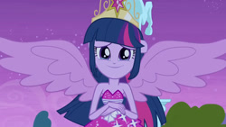 Size: 3072x1727 | Tagged: safe, screencap, twilight sparkle, human, equestria girls, g4, my little pony equestria girls, bare shoulders, big crown thingy, crying, element of magic, fall formal outfits, female, jewelry, night, ponied up, regalia, sleeveless, smiling, solo, spread wings, statue, strapless, tears of joy, twilight ball dress, wings