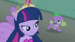 Size: 3072x1727 | Tagged: safe, screencap, spike, twilight sparkle, dog, human, equestria girls, g4, my little pony equestria girls, bare shoulders, big crown thingy, duo, duo male and female, element of magic, fall formal outfits, female, jewelry, looking at each other, looking at someone, male, ponied up, regalia, sleeveless, smiling, smiling at each other, spike the dog, spread wings, strapless, twilight ball dress, wings