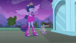 Size: 3072x1727 | Tagged: safe, screencap, spike, twilight sparkle, dog, human, equestria girls, g4, my little pony equestria girls, bare shoulders, big crown thingy, boots, duo, duo male and female, element of magic, fall formal outfits, female, height difference, jewelry, male, night, ponied up, regalia, shoes, size difference, sleeveless, slender, smiling, spike the dog, spread wings, statue, strapless, thin, twilight ball dress, wings