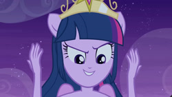 Size: 3072x1727 | Tagged: safe, screencap, twilight sparkle, human, equestria girls, g4, my little pony equestria girls, bare shoulders, big crown thingy, element of magic, fall formal outfits, female, jewelry, night, ponied up, regalia, sleeveless, smiling, solo, spread wings, strapless, wings