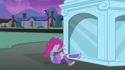 Size: 3072x1727 | Tagged: safe, screencap, pinkie pie, human, equestria girls, g4, my little pony equestria girls, bare shoulders, boots, eyes closed, fall formal outfits, female, night, shoes, sleeveless, solo, statue, strapless