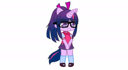 Size: 1853x1025 | Tagged: artist needed, source needed, safe, sci-twi, twilight sparkle, human, equestria girls, g4, bow, female, gacha, gacha club, gacha life, glasses, horn, ribbon, simple background, smiling, solo, standing, white background