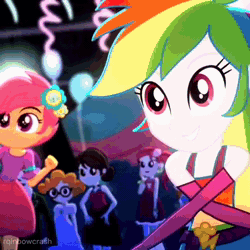 Size: 576x576 | Tagged: safe, edit, edited screencap, screencap, sound edit, apple bloom, applejack, golden hazel, rainbow dash, roseluck, scootaloo, scribble dee, sophisticata, sweet leaf, teddy t. touchdown, human, equestria girls, g4, my little pony equestria girls: summertime shorts, raise this roof, animated, apple bloom's bow, background human, balloon, bare shoulders, belt, blinking, boots, bow, breakdancing, canterlot high, clothes, cowboy boots, cowboy hat, cutie mark, cutie mark on clothes, dancing, devil horn (gesture), fall formal outfits, female, frown, grin, hair bow, hand on hip, hat, male, night, open mouth, open smile, shoes, sleeveless, smiling, smirk, solo focus, sound, speaker, strapless, tiktok, webm