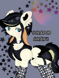 Size: 1080x1440 | Tagged: safe, artist:sodapop sprays, oc, oc only, oc:sodapop sprays, pegasus, pony, choker, clothes, concave belly, emo, female, fishnet stockings, goth, mare, simple background, skirt, solo