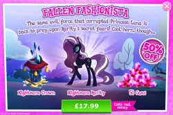 Size: 1961x1301 | Tagged: safe, gameloft, nightmare rarity, rarity, pony, unicorn, g4, my little pony: magic princess, advertisement, costs real money, crown, english, eyeshadow, female, gem, horn, introduction card, jewelry, makeup, mare, mobile game, nightmarified, numbers, regalia, sale, solo, text
