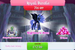 Size: 1269x856 | Tagged: safe, gameloft, nightmare moon, queen chrysalis, alicorn, pony, g4, my little pony: magic princess, bundle, costs real money, english, ethereal mane, eyeshadow, female, gem, helmet, horn, jewelry, makeup, mare, mobile game, numbers, regalia, sale, solo, spread wings, text, throne, wings