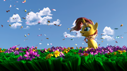 Size: 1920x1080 | Tagged: safe, artist:enteryourponyname, sunset shimmer, pony, unicorn, g4, 3d, blender, blender cycles, cloud, flower, grass, grass field, happy, smiling, solo, sunshine