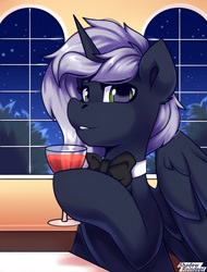 Size: 1200x1575 | Tagged: safe, artist:shadowreindeer, oc, oc only, oc:quantum flash, alicorn, pony, alcohol, bowtie, bust, commission, glass, horn, looking at you, night, night sky, portrait, sky, slender, solo, spread wings, thin, window, wine, wine glass, wings