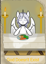 Size: 1600x2200 | Tagged: artist needed, source needed, safe, oc, oc only, oc:κασσάνδρα, alicorn, pony, alicorn oc, bread, candle, carrot, cucumber, eyes closed, food, grapes, herbivore, horn, solo, wings