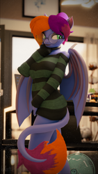 Size: 2160x3840 | Tagged: safe, artist:laylahorizonsfm, oc, oc only, oc:layla horizon, bat pony, pony, anthro, 3d, adorasexy, apartment, bat pony oc, bat wings, blender, blender cycles, clothes, cute, female, glasses, hickey, high res, looking at something, looking back, nerd, ponytail, sexy, solo, standing, summer, sweater, tail, wings