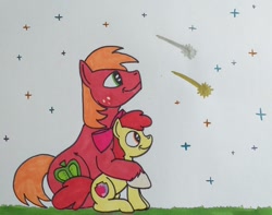 Size: 1280x1008 | Tagged: safe, artist:hoofclid, apple bloom, big macintosh, earth pony, pony, g4, apple bloom's bow, bow, brother and sister, duo, female, filly, foal, hair bow, male, shooting star, sibling bonding, siblings, stallion, stars, traditional art, unshorn fetlocks