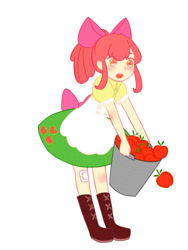 Size: 600x800 | Tagged: safe, artist:肉排, apple bloom, human, g4, apple, bandaid, blushing, boots, bucket, clothes, dress, food, humanized, open mouth, shoes, simple background, solo, white background