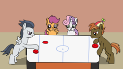 Size: 1920x1080 | Tagged: safe, artist:platinumdrop, button mash, rumble, scootaloo, sweetie belle, earth pony, pegasus, pony, unicorn, g4, air hockey, colt, female, filly, foal, hat, hoof hold, looking at someone, looking at something, male, propeller hat, request
