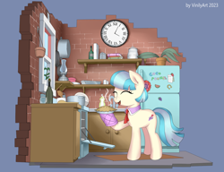 Size: 1586x1216 | Tagged: safe, artist:vinilyart, coco pommel, earth pony, pony, clock, cocobetes, cute, eyes closed, female, food, kitchen, mare, necktie, open mouth, oven, oven mitts, pie, refrigerator, smiling, solo