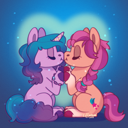 Size: 2000x2000 | Tagged: safe, artist:lionbun, izzy moonbow, sunny starscout, earth pony, pony, unicorn, g5, blushing, chibi, commission, commissioner:raritybro, cute, duo, duo female, female, high res, kissing, lesbian, ship:moonscout, shipping, unshorn fetlocks, ych result