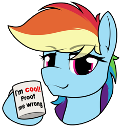 Size: 1690x1793 | Tagged: safe, artist:dacaoo, rainbow dash, pegasus, pony, g4, bust, cup, eyebrows, eyebrows visible through hair, female, grammar error, looking at you, mare, simple background, solo, transparent background