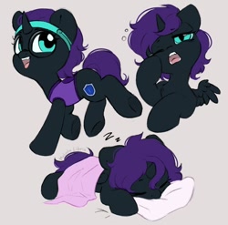 Size: 1070x1058 | Tagged: safe, artist:melodylibris, oc, oc only, oc:nyx, alicorn, pony, alicorn oc, blanket, clothes, cute, female, filly, foal, glasses, gray background, headband, horn, lying down, ocbetes, onomatopoeia, open mouth, open smile, pillow, prone, round glasses, simple background, sleeping, sleepy, smiling, solo, sound effects, vest, wings, yawn, zzz