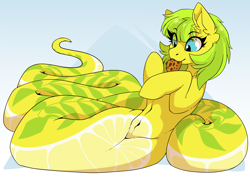 Size: 3508x2480 | Tagged: safe, artist:arctic-fox, oc, oc only, oc:lemon drop, hybrid, lamia, original species, pony, snake, snake pony, belly button, commissioner:lemondrop, cookie, ear fluff, eye clipping through hair, female, food, high res, lamiafied, solo, species swap