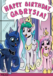 Size: 2456x3477 | Tagged: safe, artist:pony-berserker, princess cadance, princess celestia, princess luna, alicorn, pony, g4, breaking the fourth wall, canterlot, carpet, commission, crown, dialogue, high res, jewelry, open mouth, pillar, regalia, smiling, speech bubble, talking to viewer, trio, window