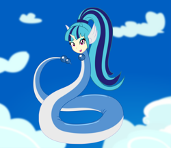 Size: 3399x2937 | Tagged: safe, artist:badumsquish, derpibooru exclusive, sonata dusk, dragonair, human, monster girl, snake, equestria girls, g4, beads, cloud, female, floating, happy, high res, horn, human head, levitation, long tail, looking at you, magic, open mouth, pokefied, pokémon, ponytail, sky, solo, species swap, tail, telekinesis, wing ears, wings