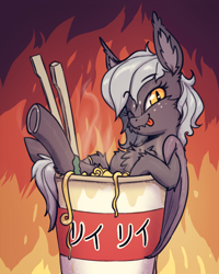 Size: 960x1200 | Tagged: safe, artist:shydale, oc, oc only, oc:reeree, bat pony, pony, bat pony oc, bathing, cheek fluff, chest fluff, chopsticks, cup, cup of pony, ear fluff, fangs, female, fire, food, freckles, katakana, mare, membranous wings, micro, noodles, one eye closed, ponies in food, slit pupils, smiling, smirk, solo, tiny, tiny ponies, tongue out, wings, wink