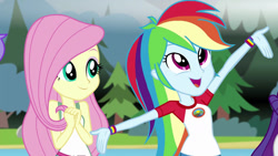 Size: 1280x720 | Tagged: safe, screencap, fluttershy, rainbow dash, rarity, human, equestria girls, g4, my little pony equestria girls: legend of everfree, arms in the air, bare shoulders, camp everfree outfits, clothes, cute, dashabetes, female, hands together, happy, lake, looking at someone, looking up, open mouth, open smile, outdoors, shirt, sleeveless, smiling, standing, t-shirt, tank top, three quarter view, tree, trio, trio female, water, wristband